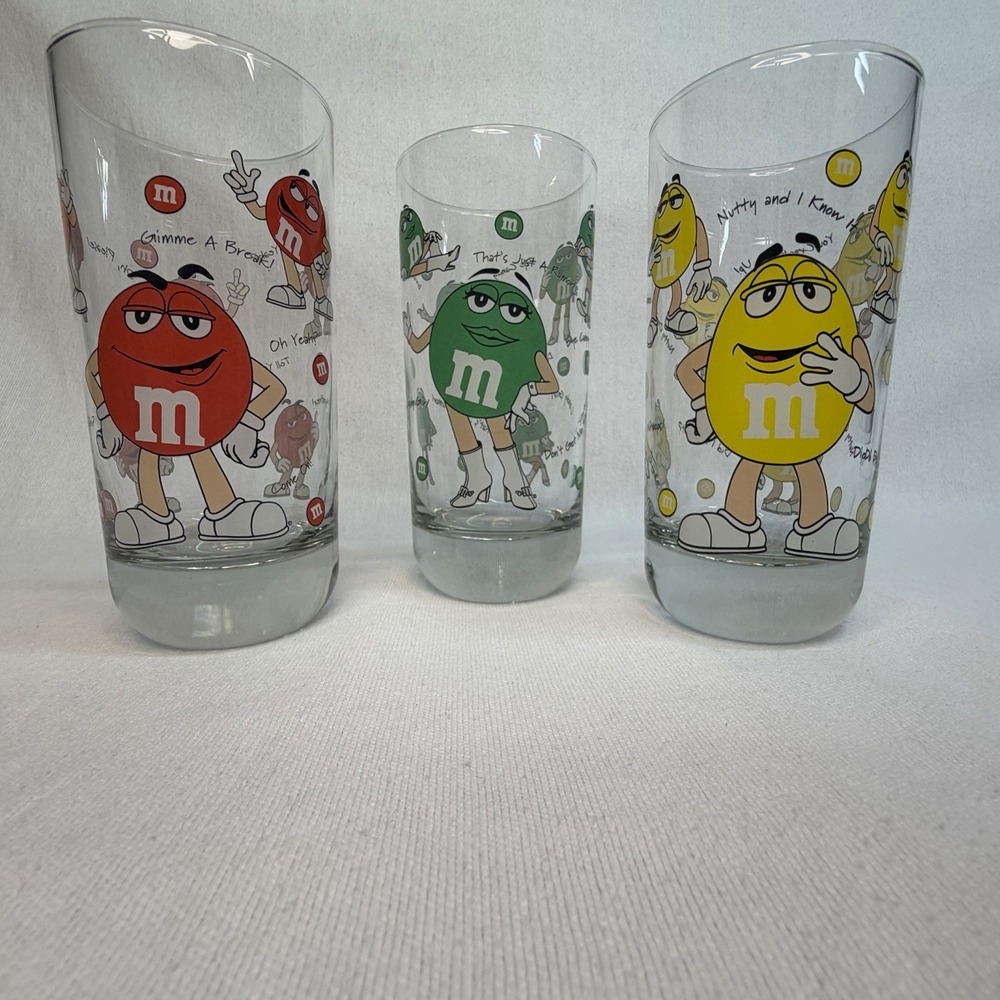 M&M Drinking Glasses Mars Green Yellow Red Retro Vintage Candy - Lot Of 3 - Picture 4 of 7